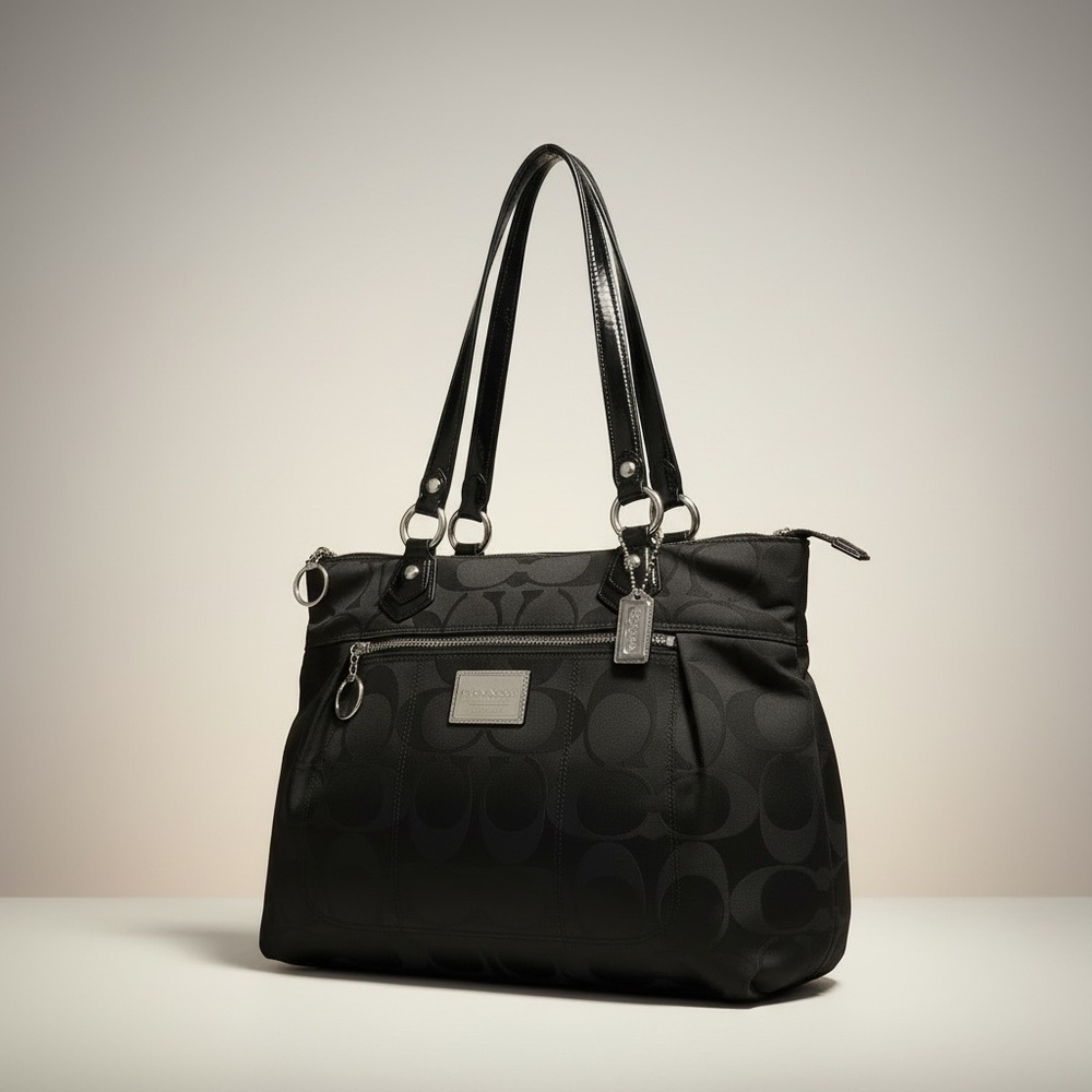 Coach Poppy Black Signature Nylon Tote Patent Trim Pink Lining EUC Shoulder Bag